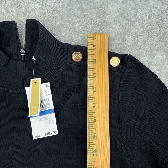 Michael Kors Black Long-Sleeve Pleated Hem Dress With Gold Details XL NWT  0061 - Picture 6 of 9